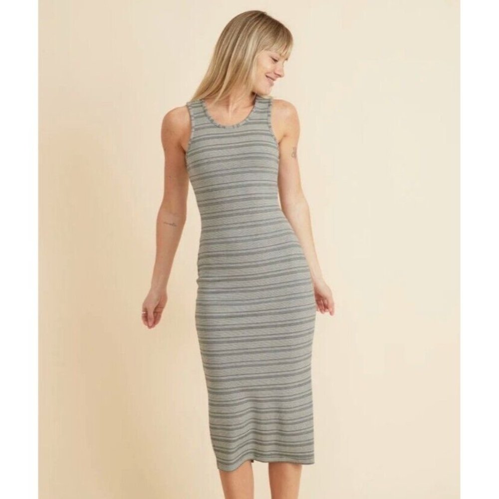 Marine Layer Lexi Rib Daytime Midi Dress in Black & White Stripe Size Sm…